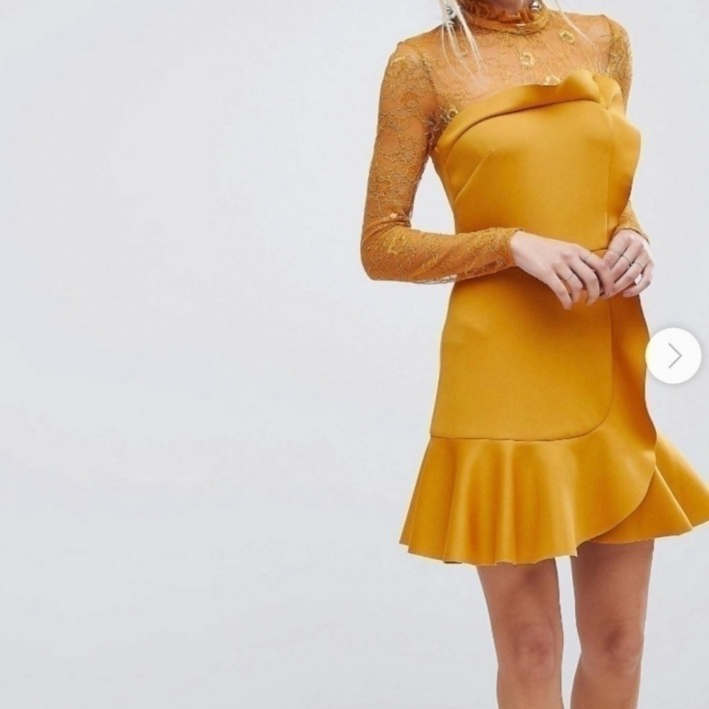 ASOS Delicate Lace & Scuba Ruffle Shift Mini Dress Fall Party Wedding Guest Glam - Picture 3 of 14